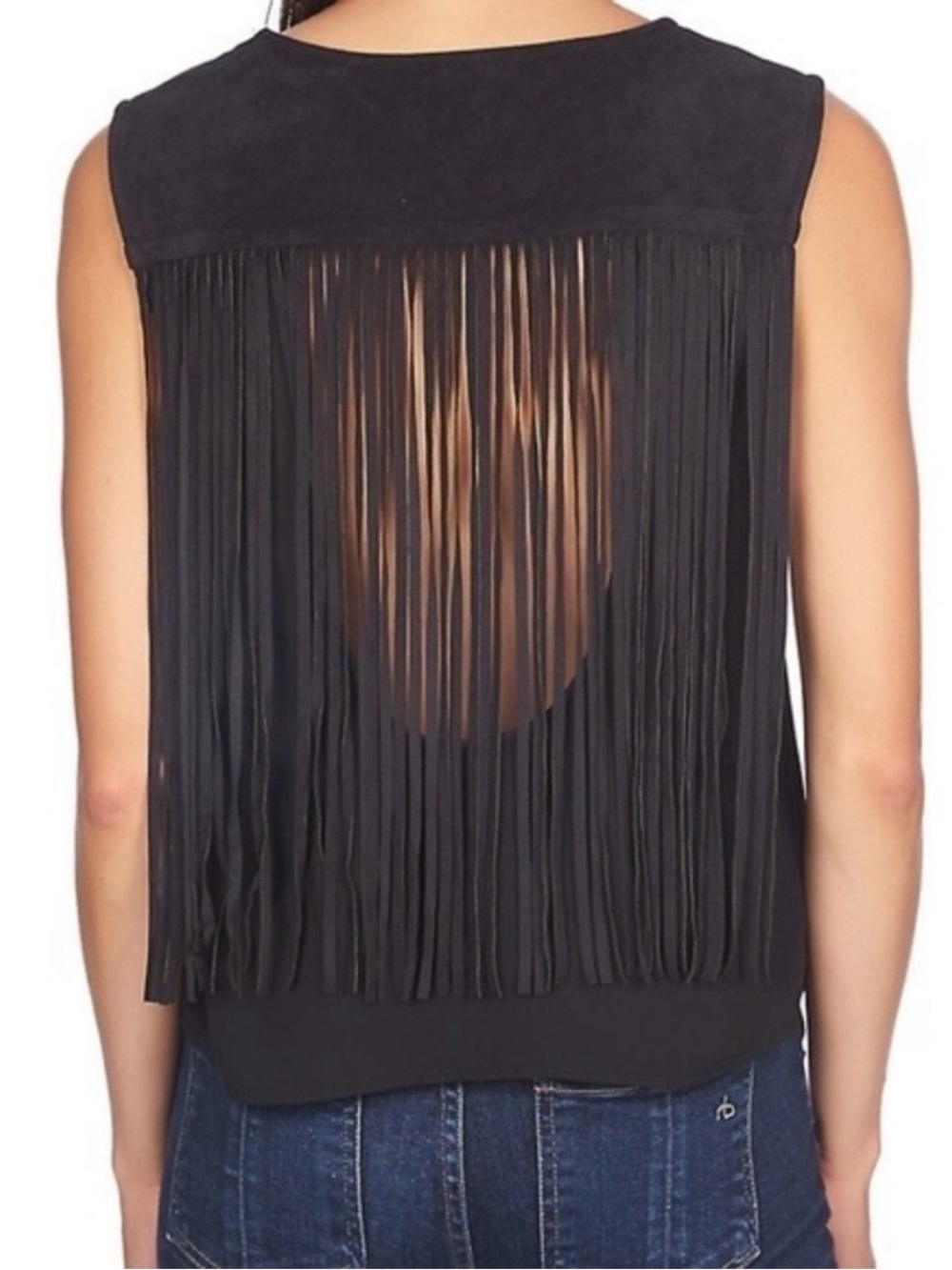 Black Faux Suede Western Fringe Sleeveless Top